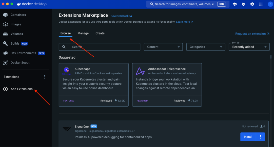 Docker Desktop Extensions Marketplace で [Add Extensions] オプションと [Browse] タブが強調表示されているスクリーンショット。