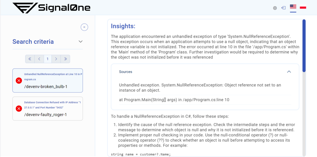 検索条件と関連する分析情報を示す Signal0ne ページのスクリーンショット。