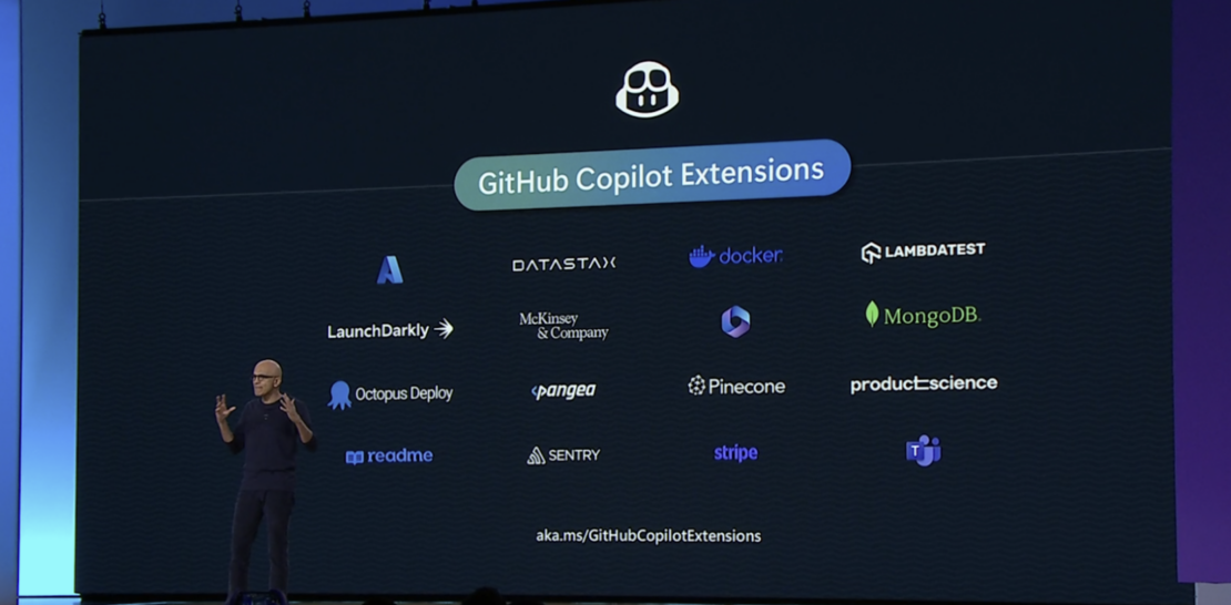 Satya Nadella が Microsoft Build 2024で Docker を含む GitHub Copilot 拡張機能を紹介します。