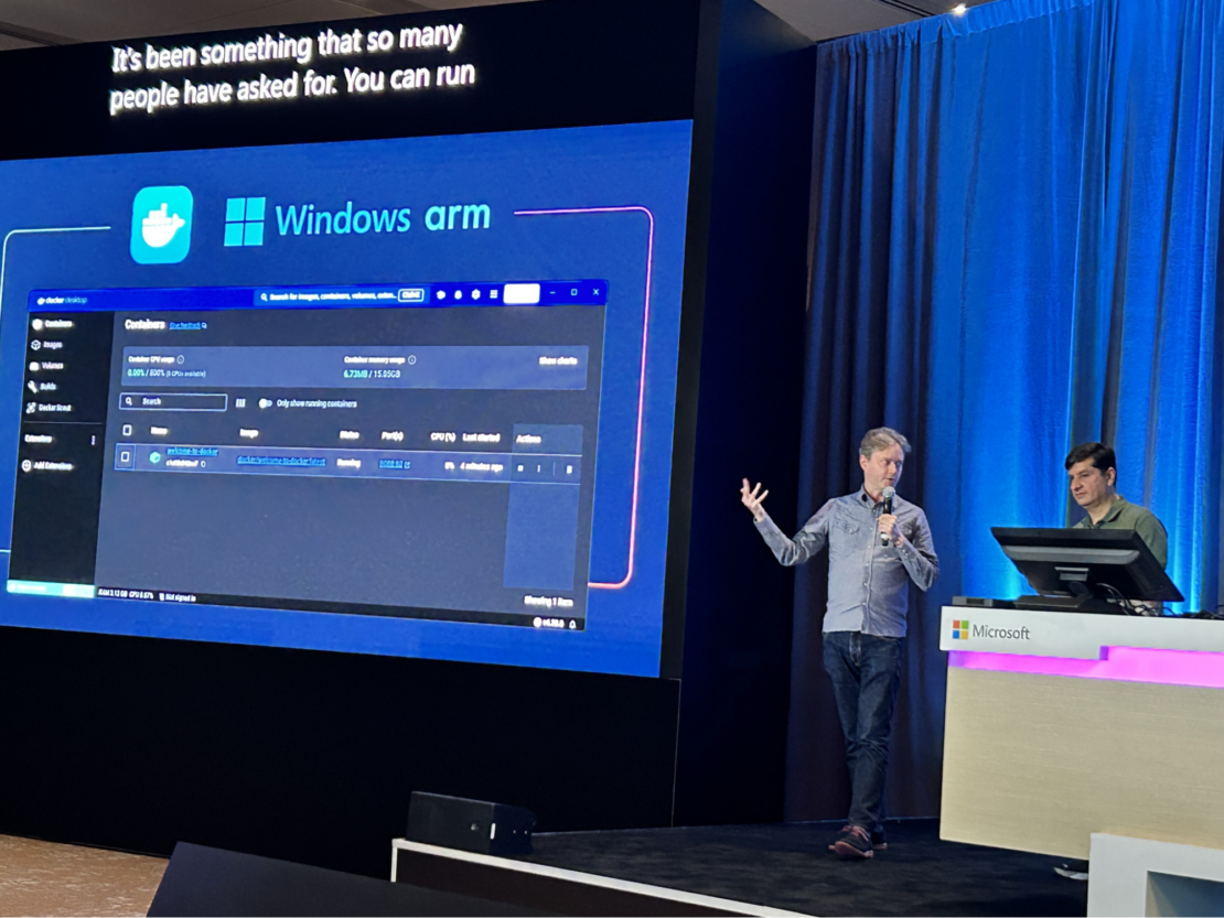 Justin Cormack は、Microsoft Build セッション "Introducing the next generation Windows on Arm" で、Microsoft プリンシパル TPM マネージャーの Jamshed Damkewala と共に Windows on Arm デバイスの Docker Desktop サポートを発表しました。 