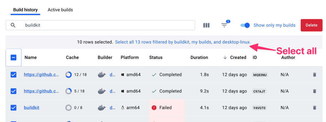 「すべて選択」オプションが表示されているDockerデスクトップビルド履歴ページのスクリーンショット。