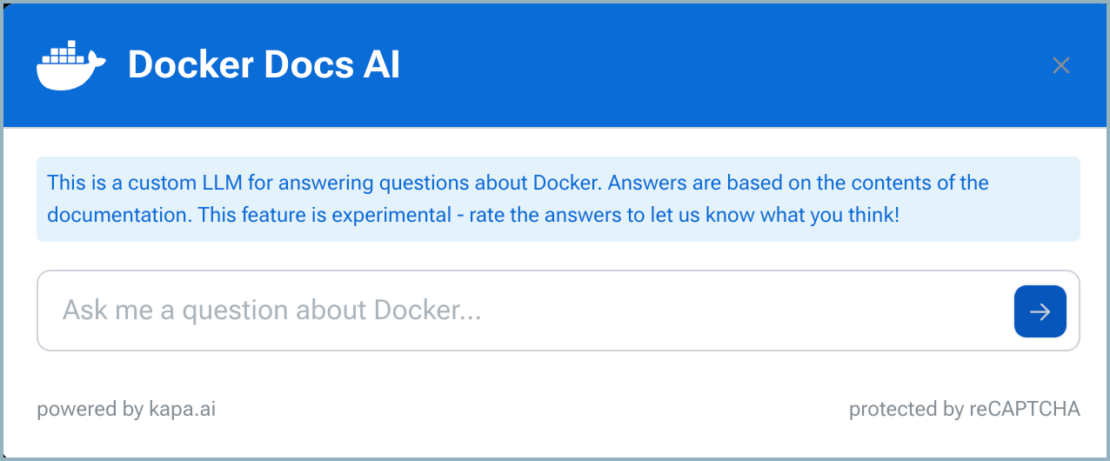 Docker Docs AI ダイアログ ボックスのスクリーンショットで、ユーザーは質問を入力できます。