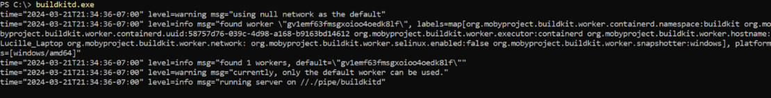 Windows PowerShell が buildkit.exe を実行し、正常に起動したことを示すスクリーンショット。