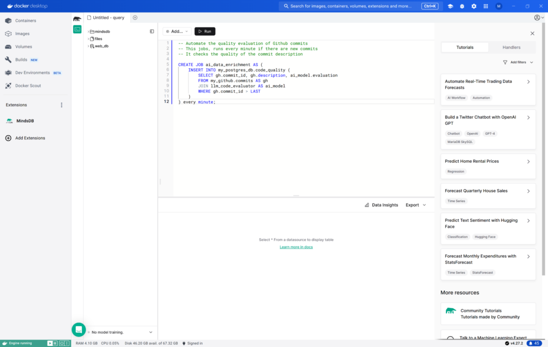 MindsDB エディターが実行されている Docker Desktop のスクリーンショット。