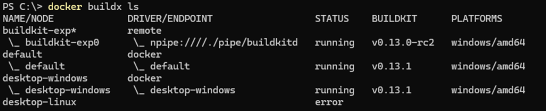 Windows PowerShell で「docker buildx ls」を実行しているスクリーンショットで、ビルダーとノードのリストが表示されています。