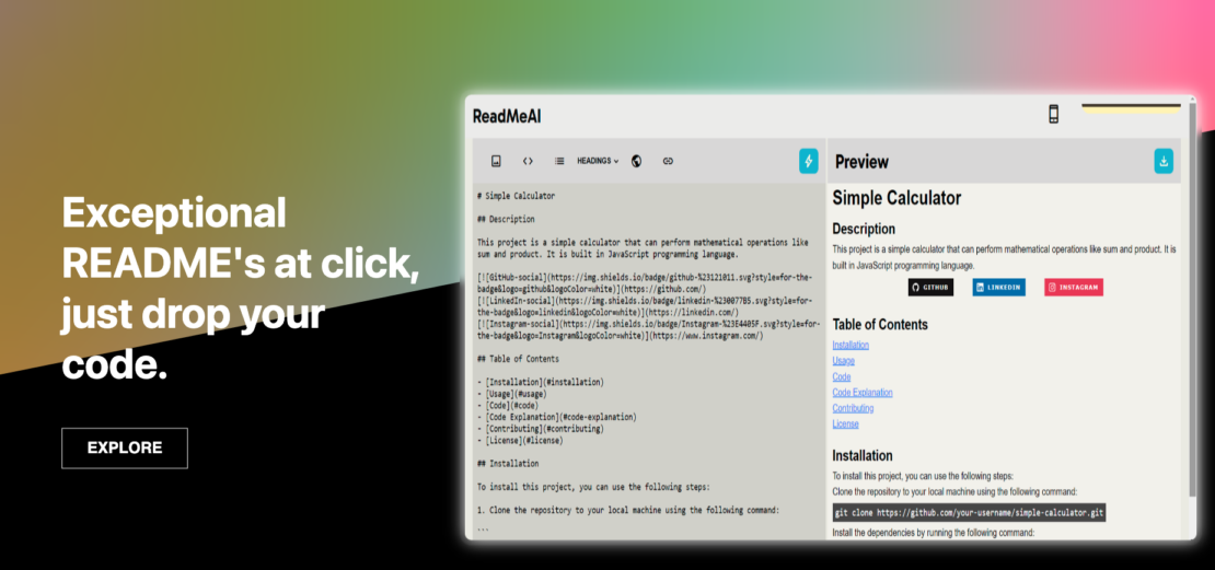 ReadMeAI のランディング ページのスクリーンショットには、「Exceptional README's at click, just drop your code」と表示され、簡単な電卓のサンプル README が表示されています。