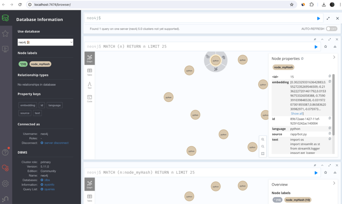  Neo4jデータベース情報を示すCode Explorerデータベースサービスのスクリーンショット。