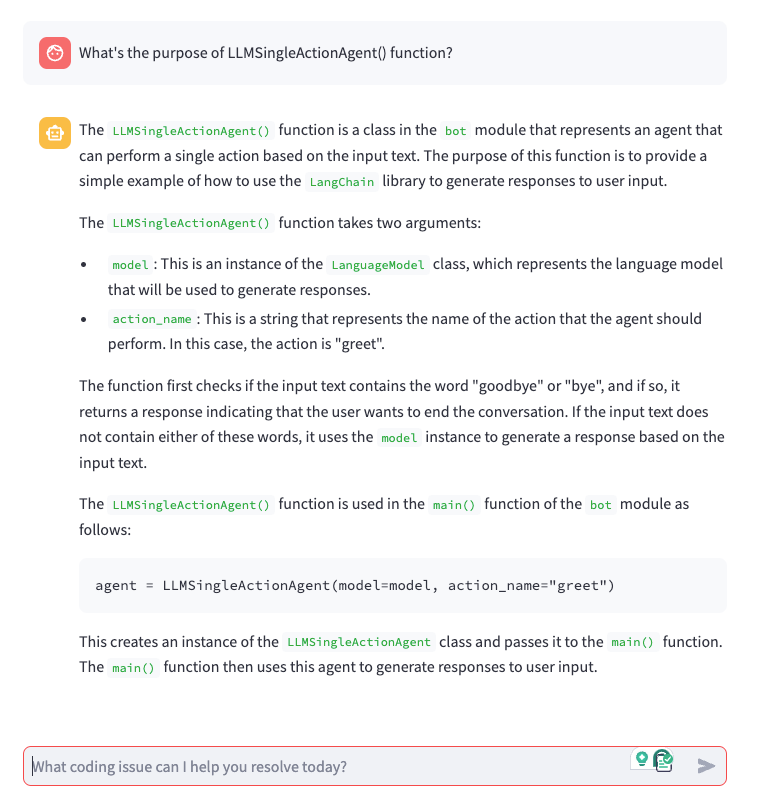 「LLMSingleActionAgent()関数の目的は何ですか?」に対するコードエクスプローラーの応答のスクリーンショット detailMode=true の場合。