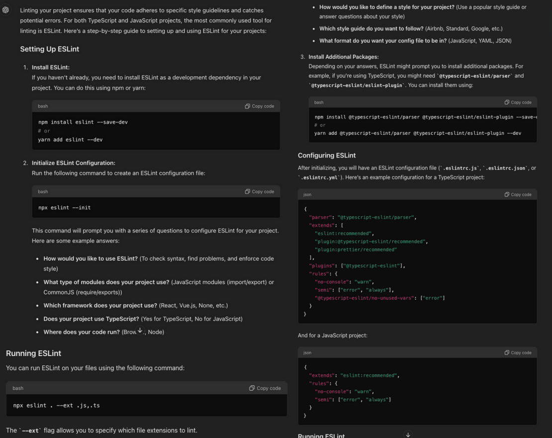 ESLint の設定、実行、および構成の詳細を提供する AI 応答のスクリーンショット。