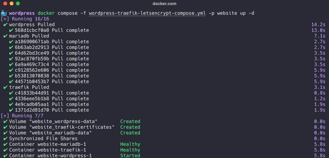 「docker compose -f wordpress-traefik-letsencrypt-compose.yml -p website up -d」コマンドを実行したスクリーンショット。