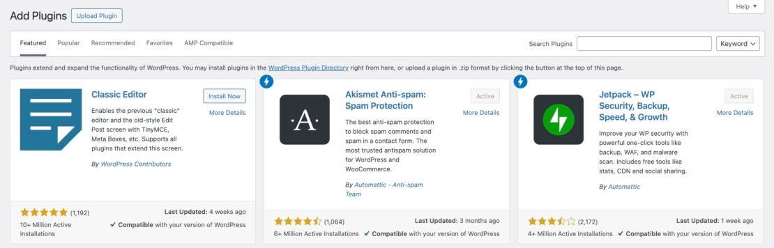 Classic Editor、Akismet Anti-spam、Jetpackなどのプラグインの選択肢を示すWordPress管理ダッシュボードのスクリーンショット。