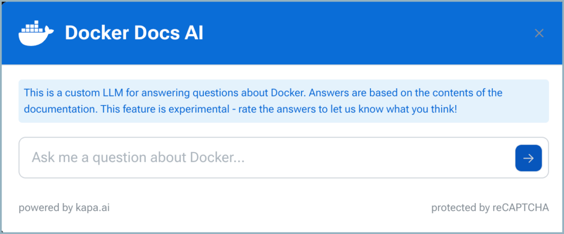 ユーザーが質問を入力できる docker docs ai ダイアログ ボックスのスクリーンショット。
