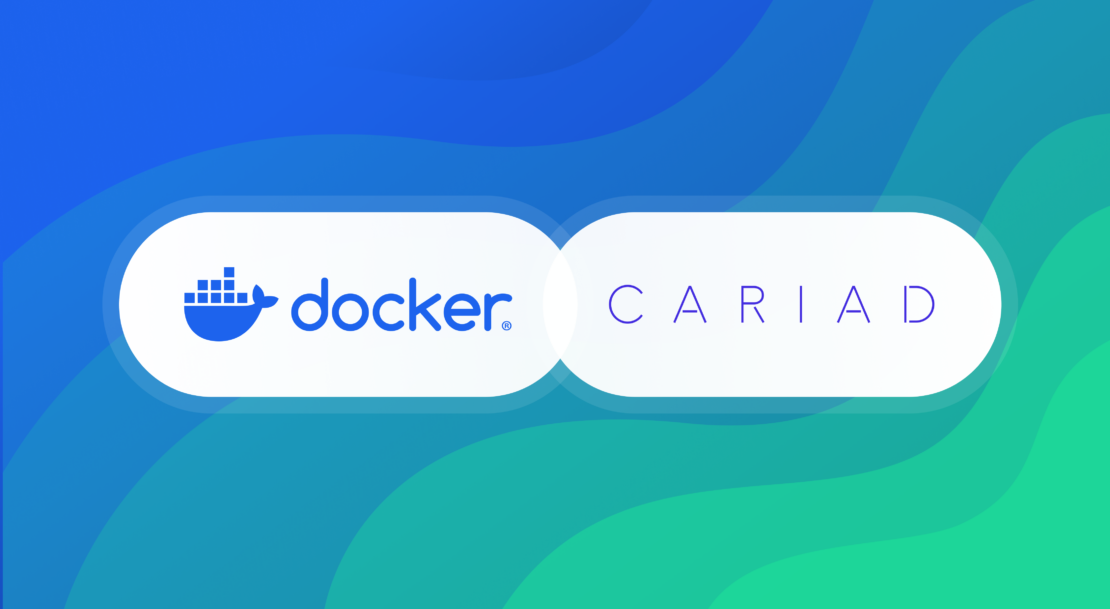 波打つ青と緑の背景にDockerとcariadのロゴ