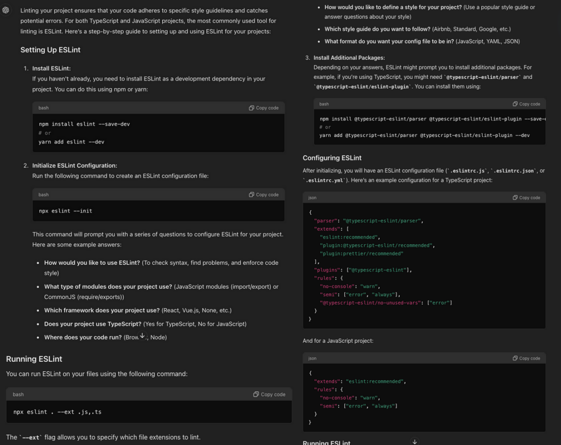 eslint の設定、実行、および構成の詳細を提供する ai 応答のスクリーンショット。