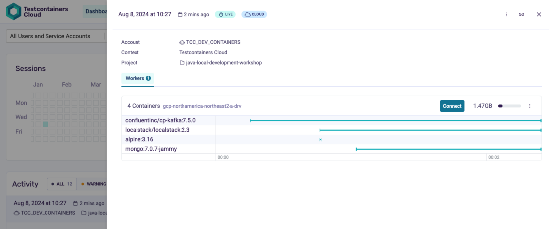 4コンテナと緑色の接続ボタンをリストしたtestcontainersクラウドダッシュボードのスクリーンショット。