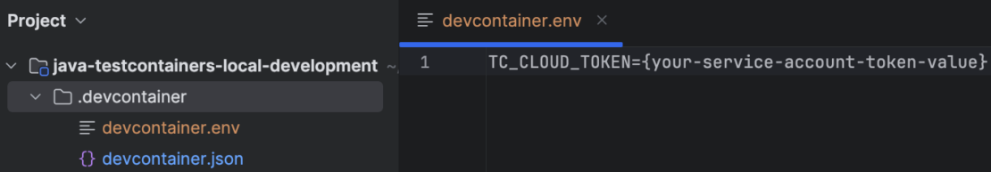 devcontainer へのトークン値の追加を示すプロジェクトメニューのスクリーンショット。 環境