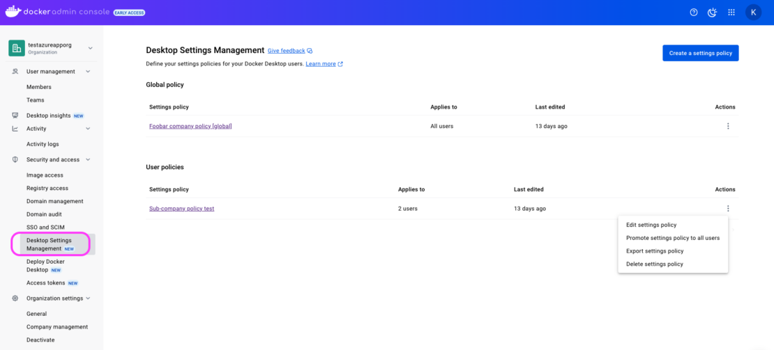 Screenshot of admin console showing desktop setting management page, which includes global policy, settings policy, user policies, and more.