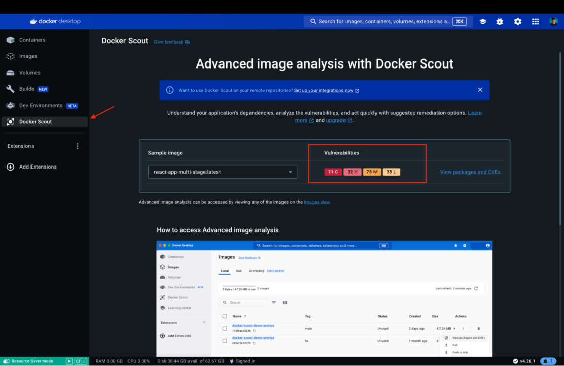 Screenshot of docker scout displaying vulnerabilities in sample image.