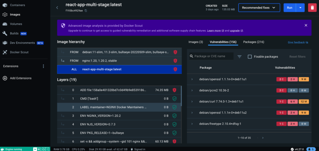 Screenshot of docker scout showing detailed report of vulnerabilities.