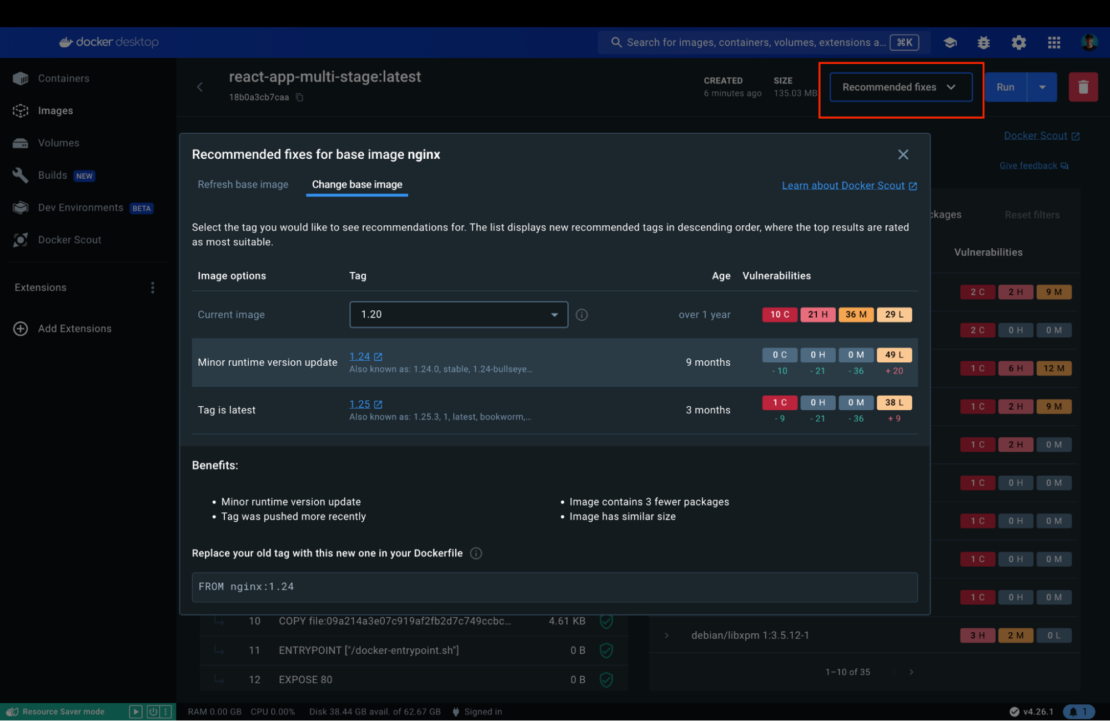 Screenshot of docker scout showing recommended fixes for base image.