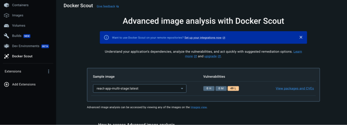 Screenshot of docker scout showing advanced image analysis screen.