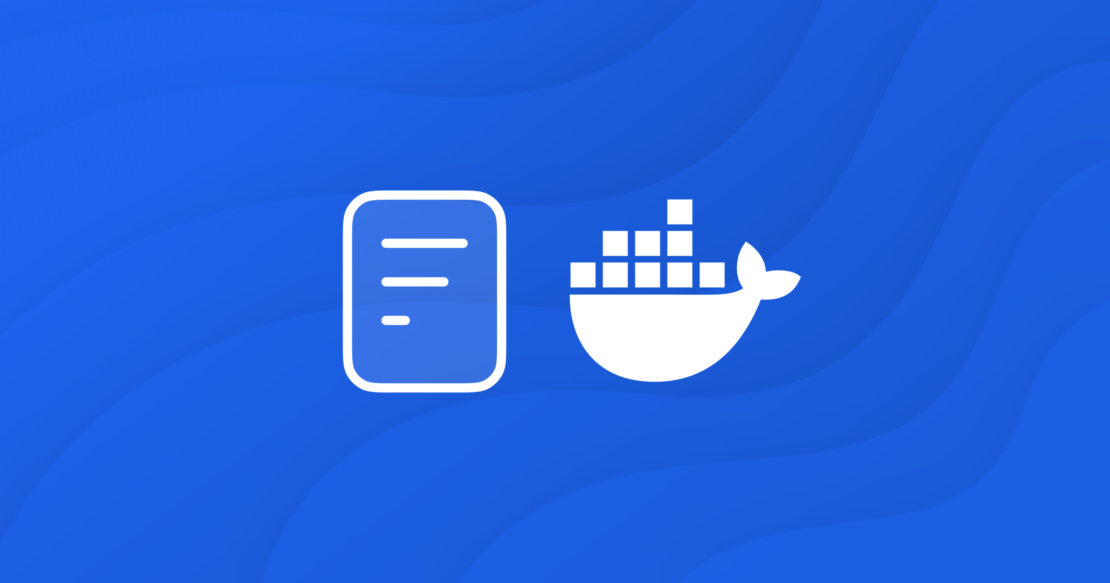 Blue and white illustration showing stylized text file and docker logo