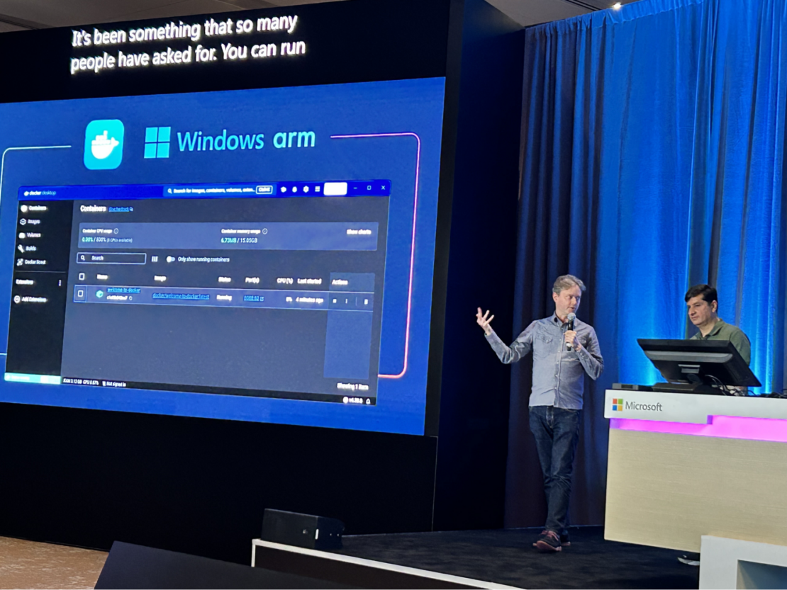 Justin cormack announcing docker desktop support for windows on arm devices with microsoft principal tpm manager jamshed damkewala in the microsoft build session "introducing the next generation of windows on arm. " 