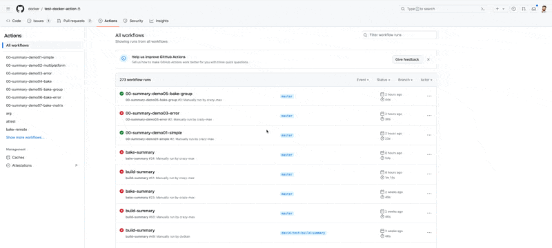 Animated view of docker build summary in github actions, showing preview, build inputs, all workflows, annotations, and more.
