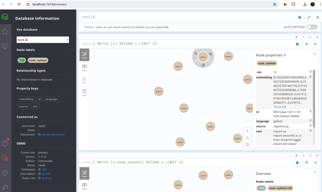  Screenshot of Code Explorer database service showing Neo4j database information.