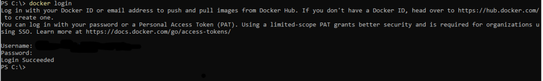 Screenshot of Windows PowerShell showing successful login to Docker Hub.