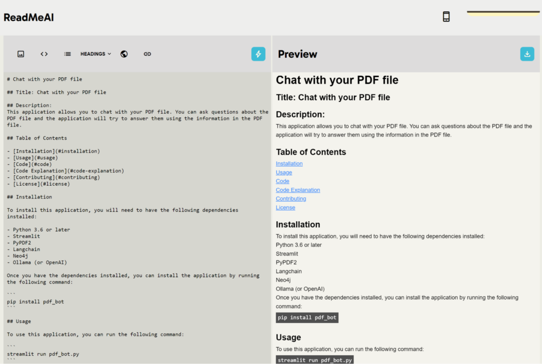 Screenshot of readmeai page showing initial output of readme text.