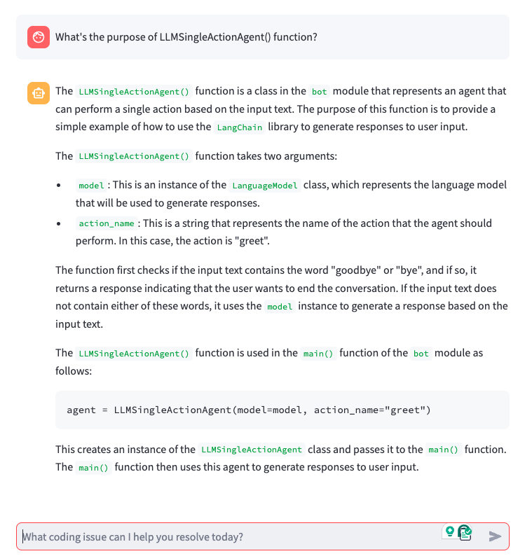 Screenshot of Code Explorer response to "What's the purpose of LLMSingleActionAgent() function?" when detailMode=true.