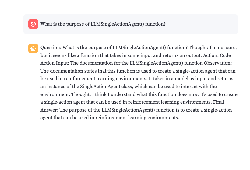 Screenshot of Code Explorer response to "What's the purpose of LLMSingleActionAgent() function?" when detailMode=false