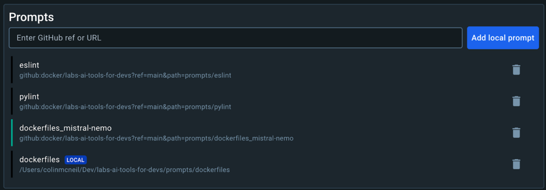 Screenshot showing blue "Add local prompt" button next to text box in which to enter GitHub ref or URL