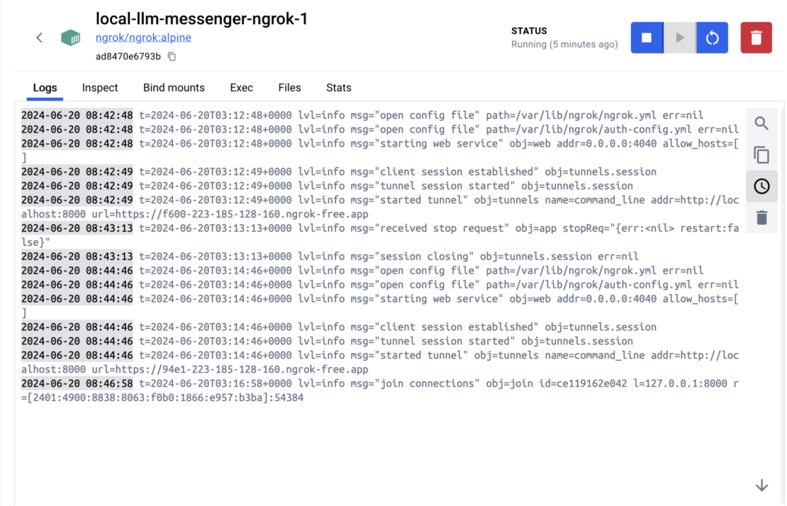 Screenshot showing local-llm-messenger-ngrok-1 log output.