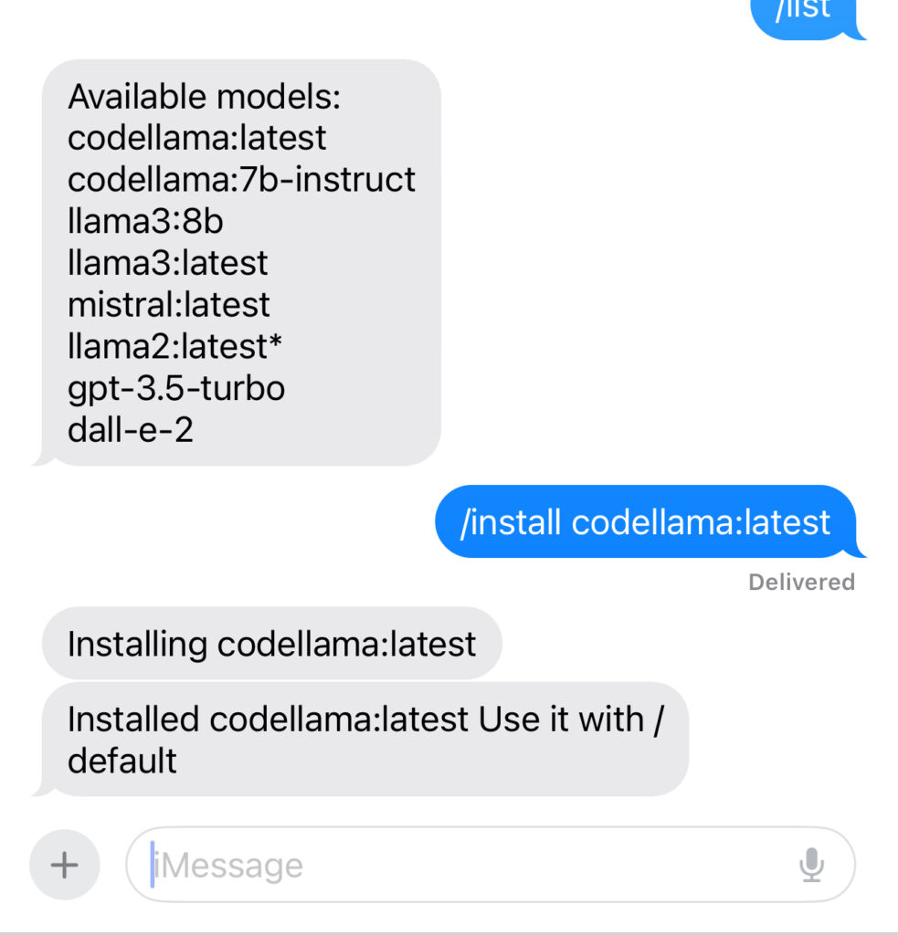 Imessage image installation of codellama model by typing /install codellama:latest.