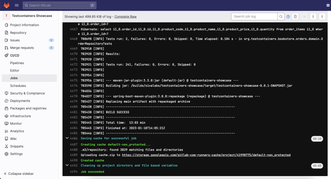 Screenshot of testcontainers showcase showing test results including total time of 13:03 min.