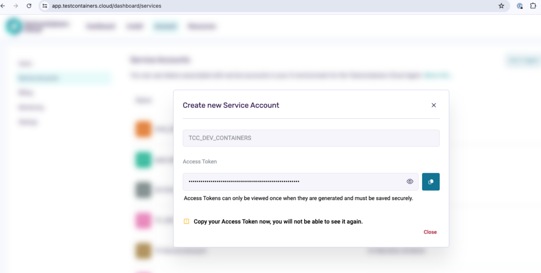 Screenshot of  Testcontainer "Create new Service Account" window, showing generation of Access Token.