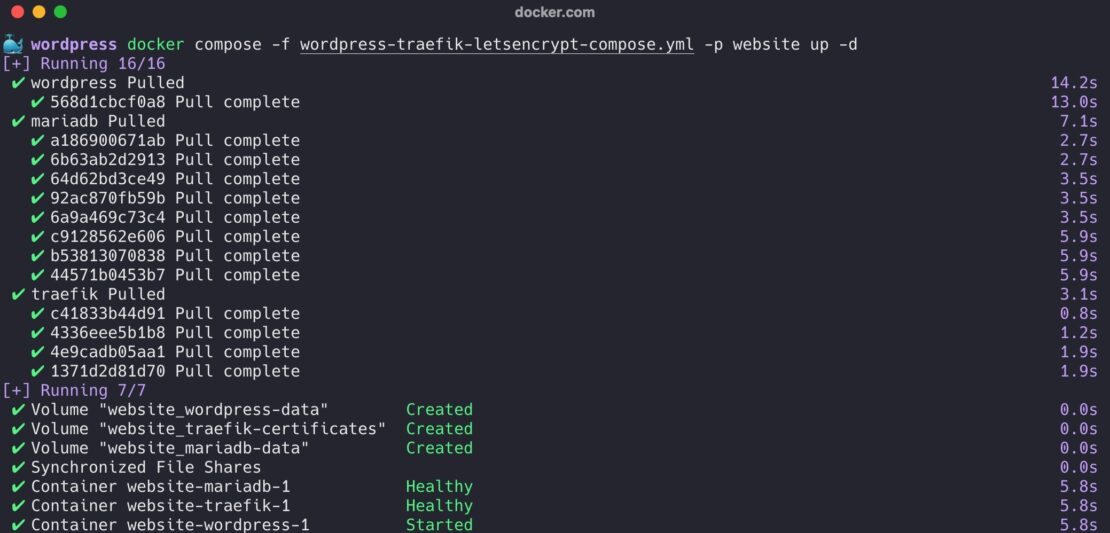 Screenshot of running "docker compose -f wordpress-traefik-letsencrypt-compose. Yml -p website up -d" commmand.