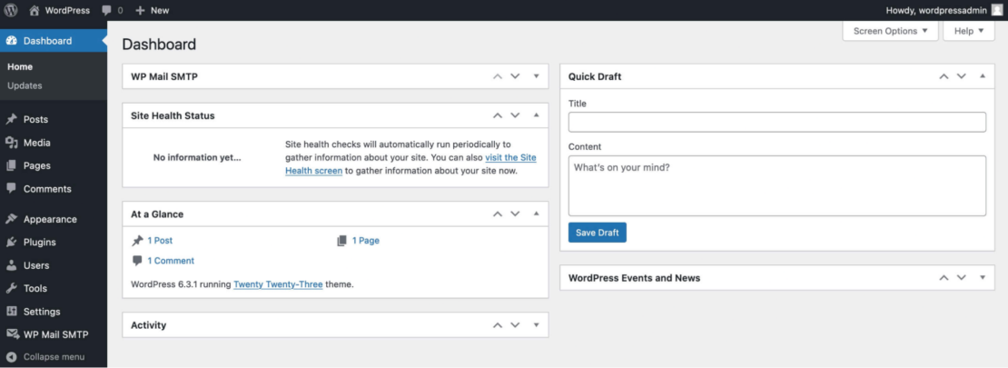 Screenshot of wordpress dashboard showing site health status, at a glance, quick draft, and other informational sections.