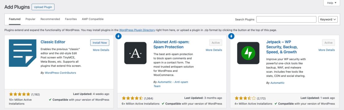 Screenshot of wordpress admin dashboard showing plugin choices such as classic editor, akismet anti-spam, and jetpack.