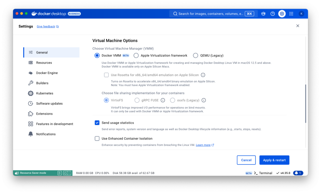 Screenshot of docker desktop showing virtual machine options including docker vmm (beta), apple virtualization framework, and qemu (legacy).