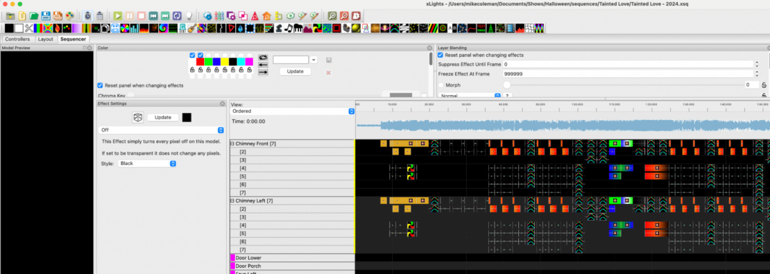 Screenshot of light sequencing software, showing an array of options for turning specific lights on and off.