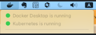 Screenshot of docker desktop dashboard showing green dot next to kubernetes is running.