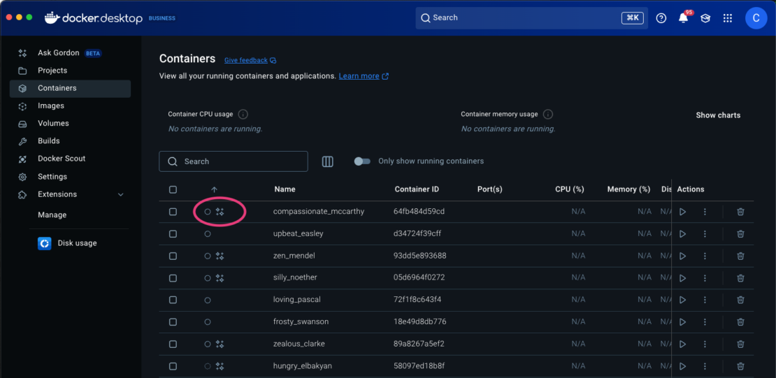 Screenshot of docker desktop showing the gordon icon next to a container name in the list of containers.