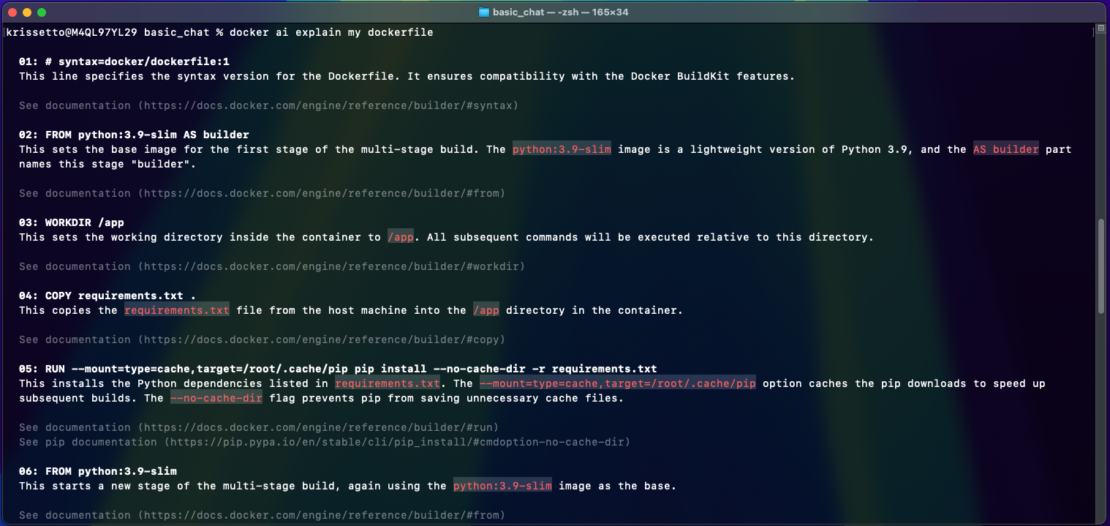 Screenshot of results after asking docker ai to explain a dockerfile.